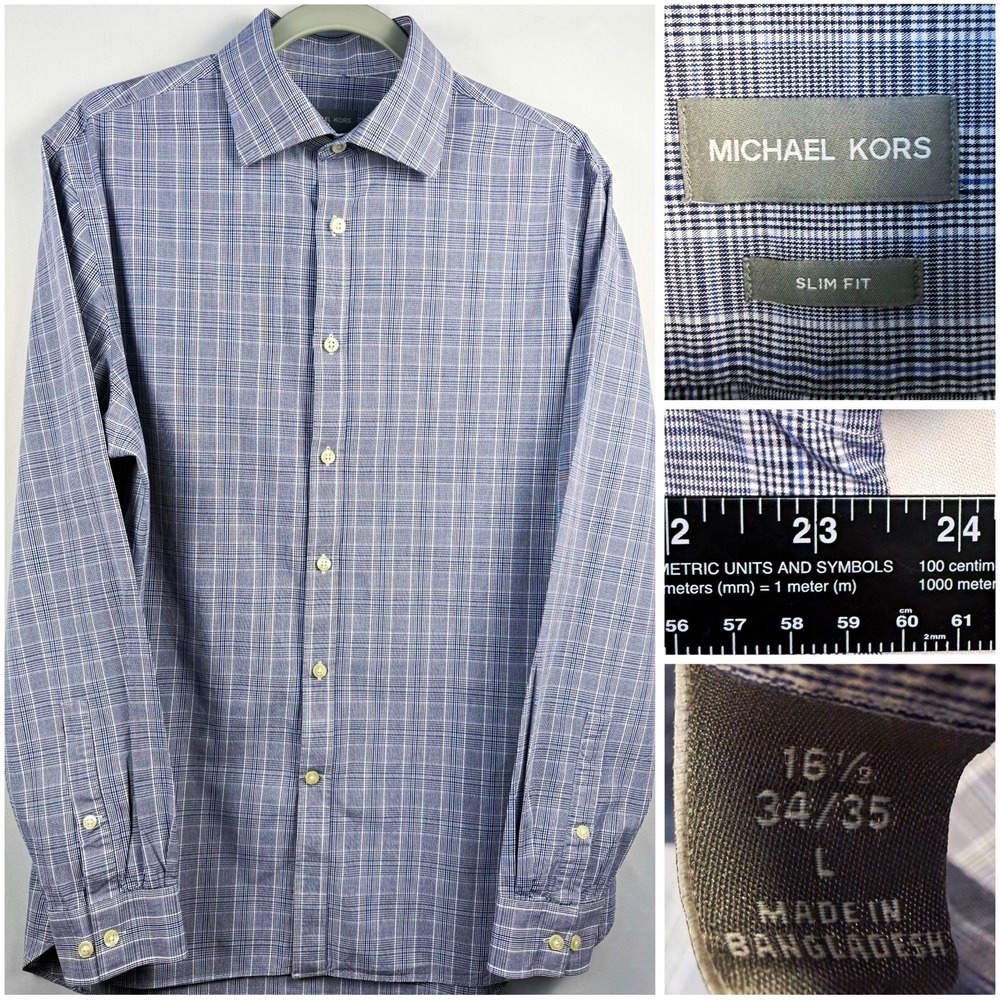 Michael Kors Men's L 16.5 34/35 Slim Fit Blue Gray Plaid Long Sleeve Dress Shirt